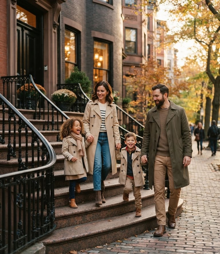 Warm editorial fashion photograph of a family walking down a Boston brownstone stoop in coordinated autumn trench coats, golden-hour natural light, 35mm film style.