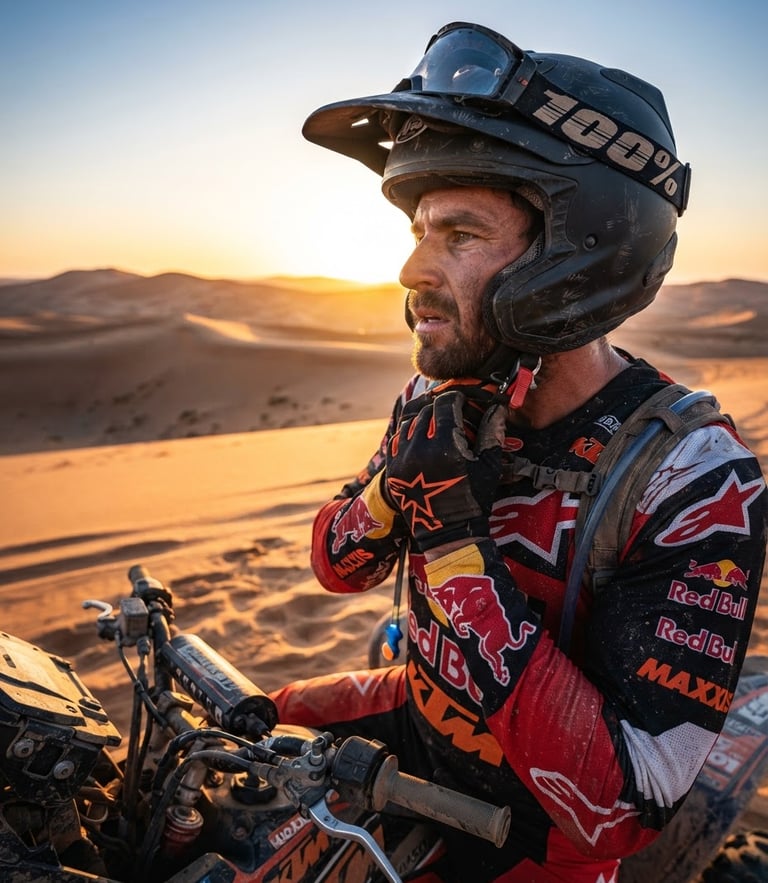 Close-up of a professional quad rider strapping on a matte black helmet under harsh golden hour desert light, sand dunes in background.