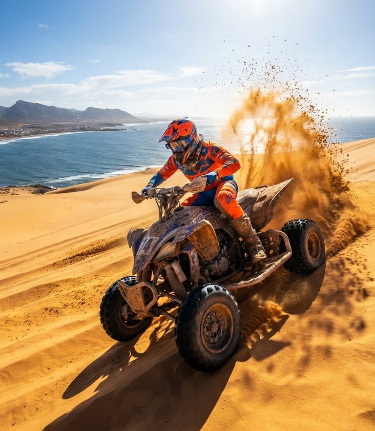 A low-angle action shot of a quad rider carving a golden sand dune under harsh midday sun, deep shadows, Atlantic lagoon visible in the background