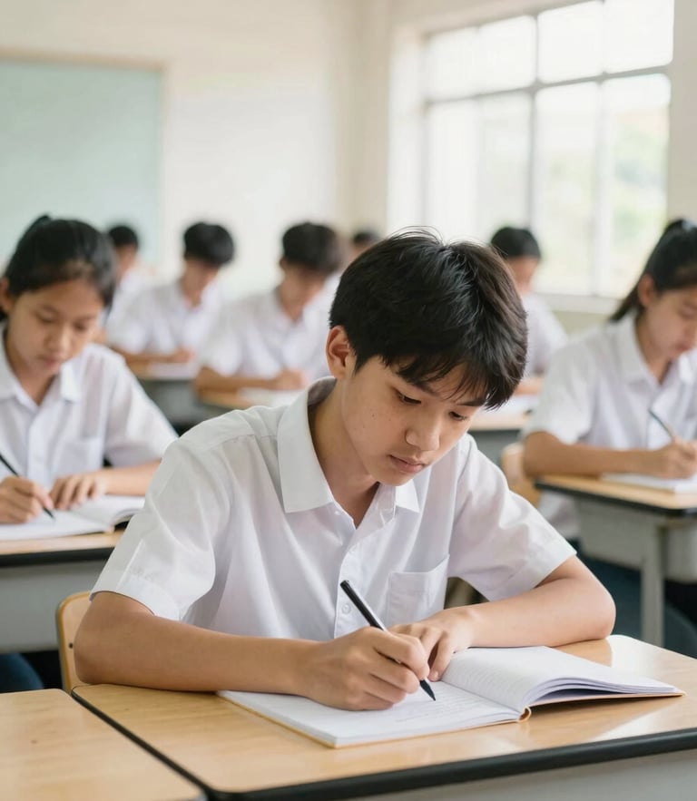 An adult student writing in a notebook in a bright, sunlit community classroom in Thailand, warm editorial photography, soft realistic tones.