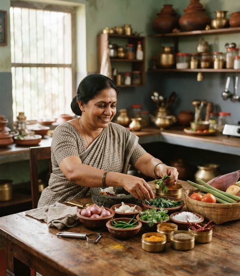 A warm, daylight-filled Kerala home kitchen, a professional domestic helper arranging fresh ingredients on a wooden table, soft natural light, authentic editorial style.