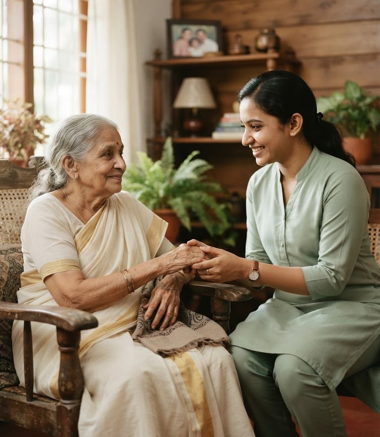 A professional South Asian female caregiver in a soft green uniform gently holding the hand of an elderly woman in a sunlit, warm Kerala home, soft natural light, shallow depth of field