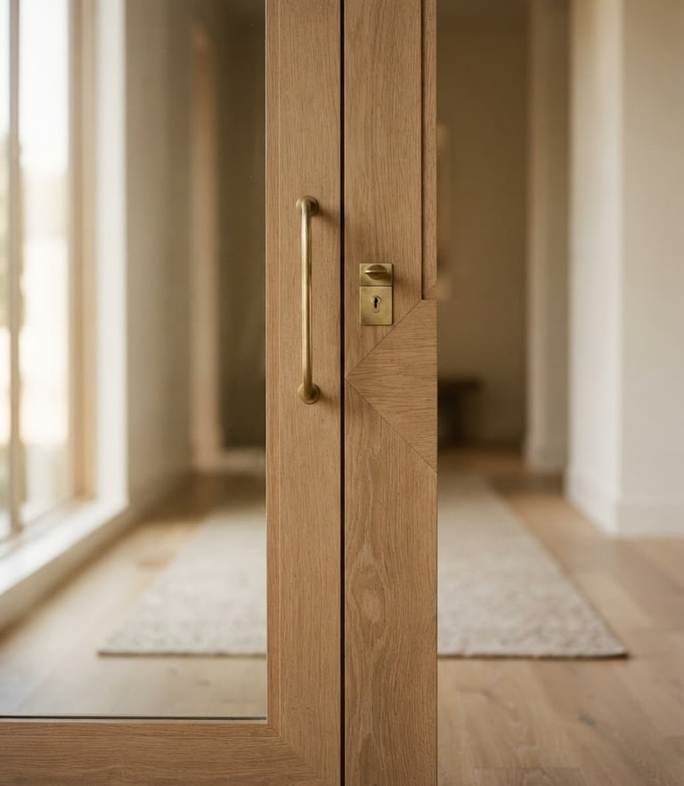 Straight-on architectural detail of a finished custom home entryway, warm natural window light highlighting mitered oak joints, soft brass hardware, minimal and clean, 35mm lens