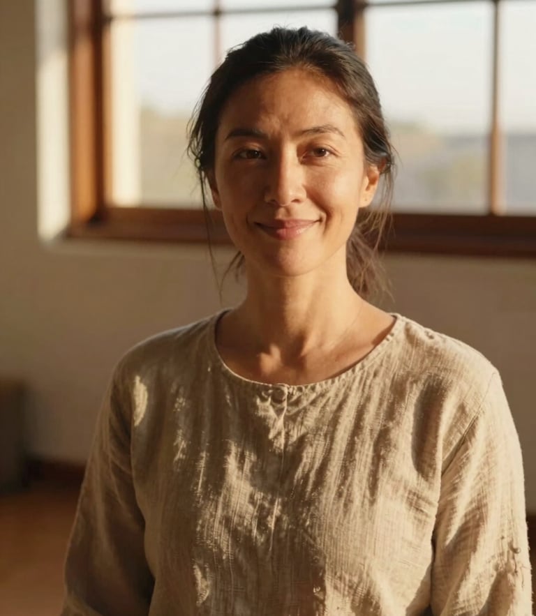 Warm portrait of a female yoga teacher in her late 30s, smiling gently, warm golden-hour window light, soft linen clothing, Miraflores studio background, 35mm photography