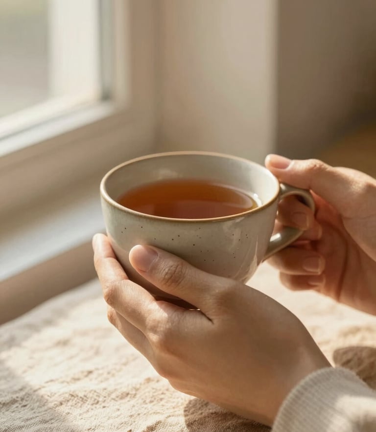 Warm editorial photo of hands holding a warm ceramic cup of tea, soft morning window light, linen textures, shallow depth of field, 35mm