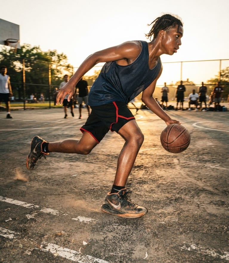 Dynamic low-angle shot of a teenager driving to the hoop on an outdoor asphalt court, dramatic golden hour sunlight, authentic motion blur, gritty high-contrast tones.