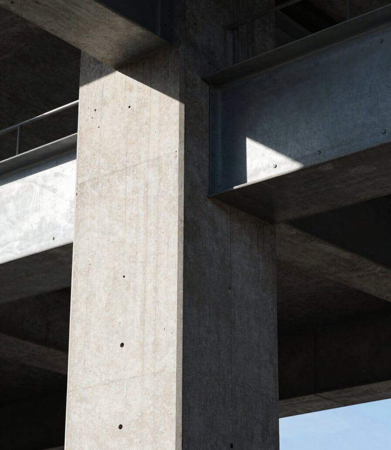 Orthogonal close-up of a concrete column meeting a steel beam, sharp geometric shadows cast by crisp daylight, high contrast, clean architectural lines.