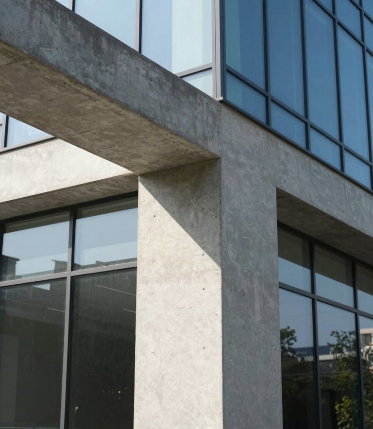 Orthogonal view of a concrete structural column meeting a flawless glass facade, sharp geometric shadows, clean minimalist lines, bright natural daylight.