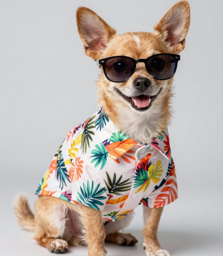 A happy small dog wearing a colorful tropical shirt and tiny sunglasses, bright studio lighting, light gray background