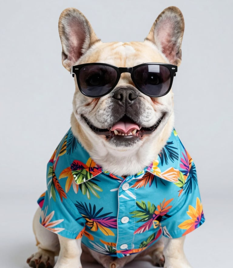 Bright studio photograph of a happy French bulldog wearing a colorful tropical print shirt and cool sunglasses, smiling at the camera, light gray background.