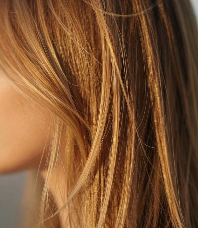 Macro close-up of soft golden-hour light catching rich hair color transitions, shallow depth of field, 35mm editorial photography