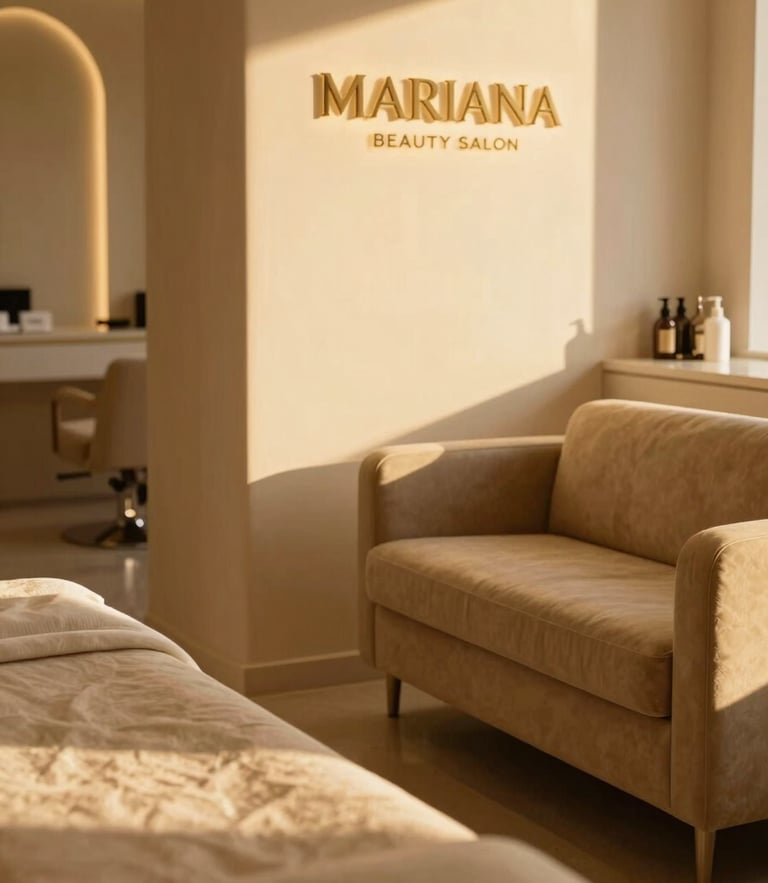 Warm environmental shot of Mariana Beauty Salon's luxurious interior, soft golden-hour light illuminating elegant sand-toned seating, shallow depth of field, 35mm