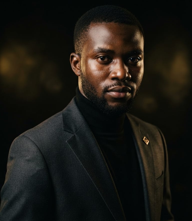 Cinematic editorial photography, medium-close portrait of a young Equatoguinean man in sharp modern tailoring, intense eye contact, dramatic high-contrast studio lighting, deep black background with gold ambient reflections, medium format.