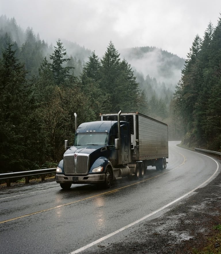 A commercial semi-truck traveling along a misty, evergreen-lined highway in Oregon, natural overcast daylight, 35mm