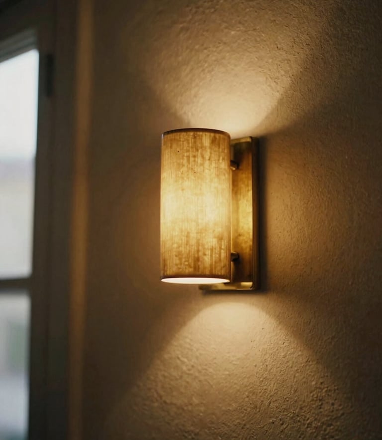 Close-up of a curved brass sconce casting a soft golden glow on a textured plaster wall, deep shadows, warm editorial photography, 35mm film grain