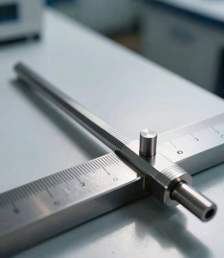 Macro close-up of a high-precision metal gauge measuring technical tolerances, sharp shadows, cool daylight, industrial laboratory setting.