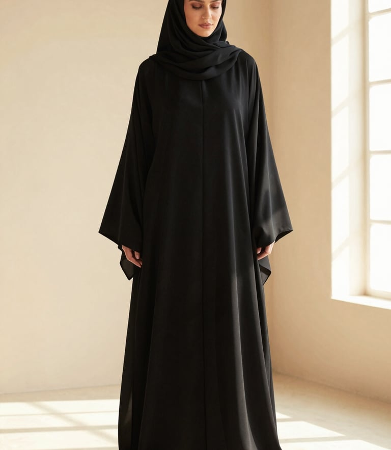 Warm editorial fashion photography of a model wearing a structured black crepe abaya in a bright, sunlit minimalist studio, soft golden hour light, medium shot focusing on the architectural drape