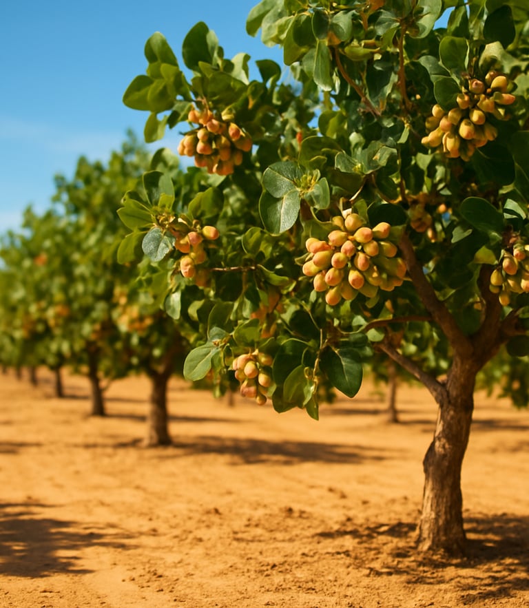 Bright natural Mediterranean sunlight illuminating rows of mature pistachio trees in a Spanish orchard, warm sandy soil, clear blue sky, shallow depth of field