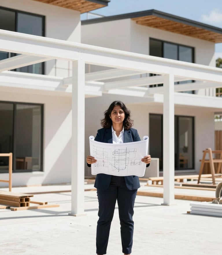 A professional portrait of female architect Sukhdev Kaur on an active modern residential construction site in Adelaide, bright natural daylight, clean white steel frames, holding blueprints, 35mm.