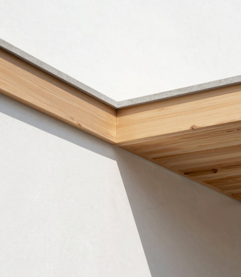 Macro architectural detail of a clean timber-to-concrete junction, sharp daylight, raw materials in sharp focus, minimalist composition