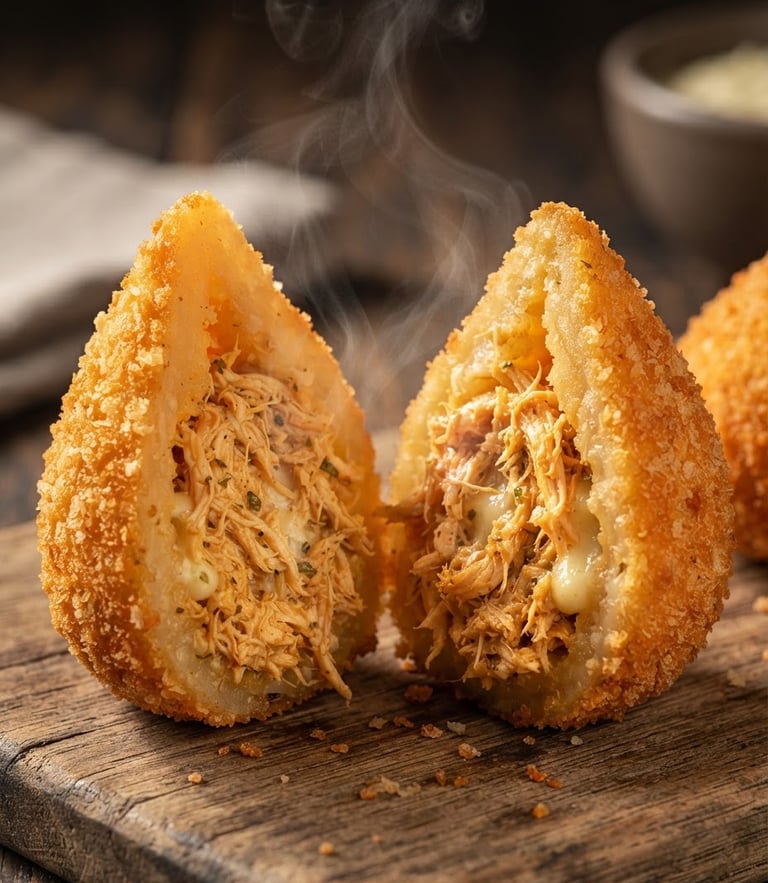 Extreme close-up of a golden-brown coxinha cut open showing steam and shredded chicken filling, warm natural side-light, rich golden tones, macro photography, shallow depth of field