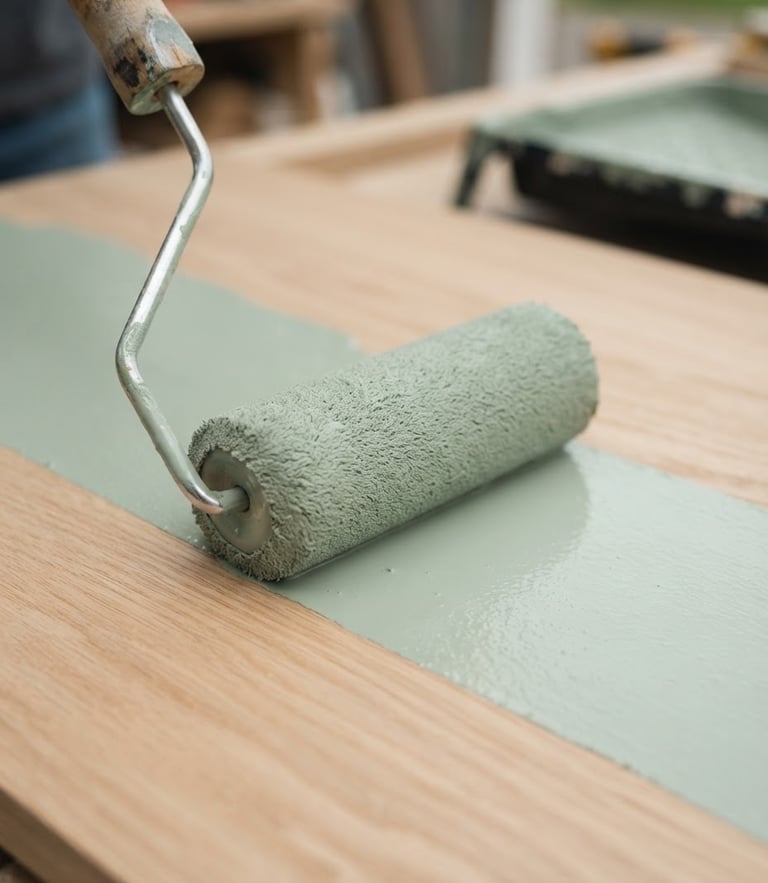 Macro shot of a clean paint roller applying smooth satin-finish sage green paint on a sleek wooden surface, bright natural overcast daylight, high detail, 35mm lens