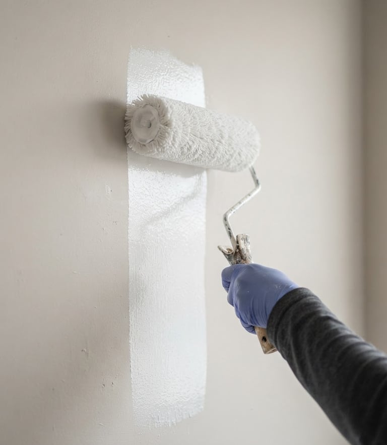 Close-up of a clean paint roller applying white paint to a smooth wall, bright natural overcast daylight, high detail, 35mm lens