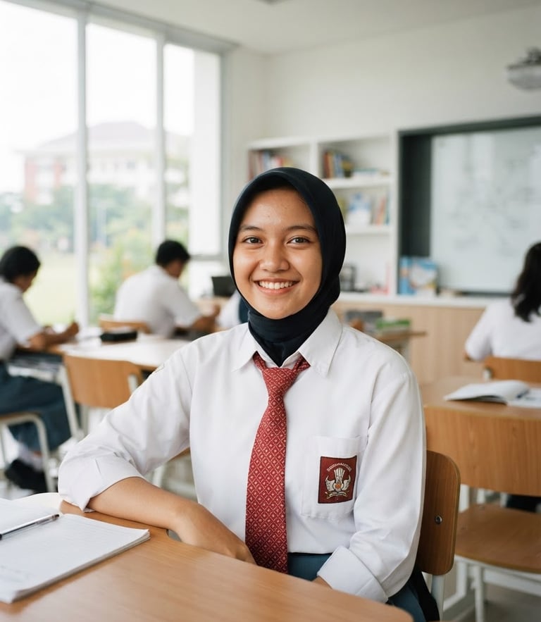 Indonesian student in clean uniform smiling confidently, bright natural daylight, clean modern classroom background, professional and optimistic atmosphere, 35mm lens