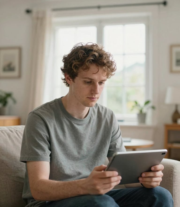 A reassuring medium shot of a UK citizen in a warm, naturally lit living room, looking calmly at a tablet, soft overcast daylight, clean composition, 35mm.
