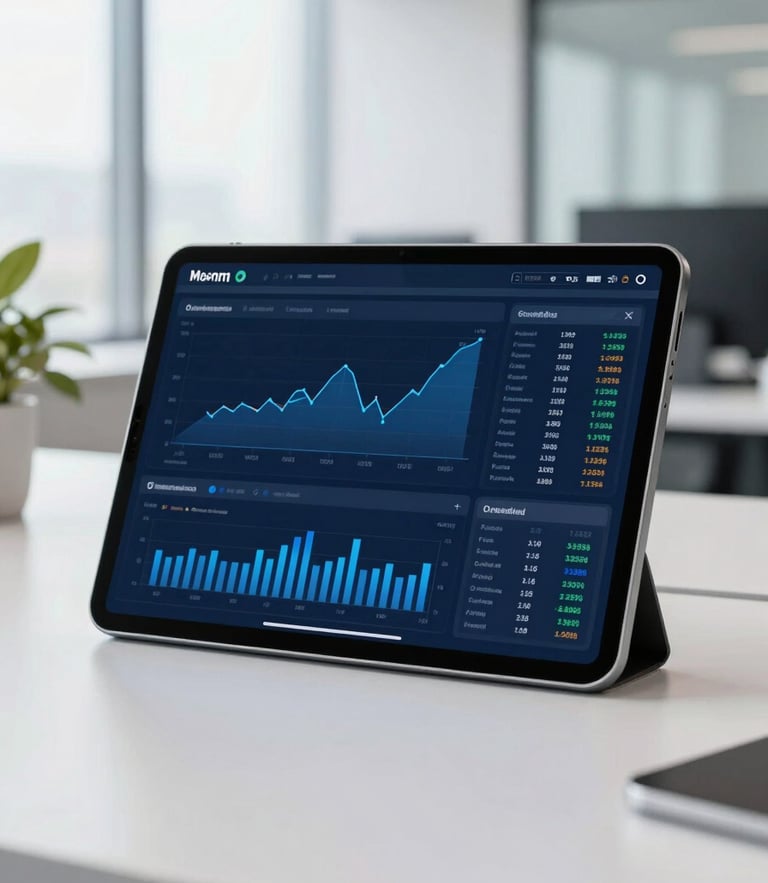 Modern corporate office clean environment, a high-resolution financial dashboard displayed on a sleek tablet in sharp focus, cool blue tones, bright natural light, 35mm lens