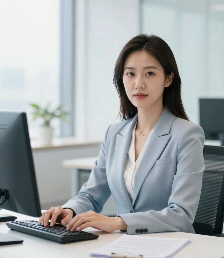 A professional female financial consultant sitting at a clean modern desk, looking confidently at the camera, bright natural office lighting, cool blue and clean white tones, sharp focus, 35mm lens
