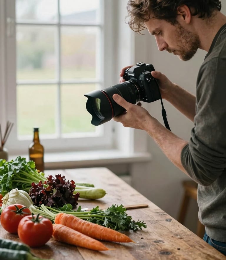 Candid behind-the-scenes shot of a photographer adjusting a camera lens over a rustic table of fresh heirloom vegetables, soft Scandinavian daylight from a large window, professional culinary content creation.