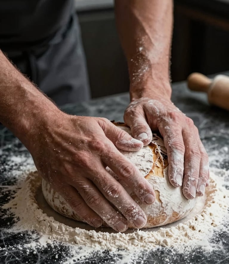Low-key, natural light close-up of a baker's hands dusted with white flour, kneading sourdough on a dark marble pastry counter
