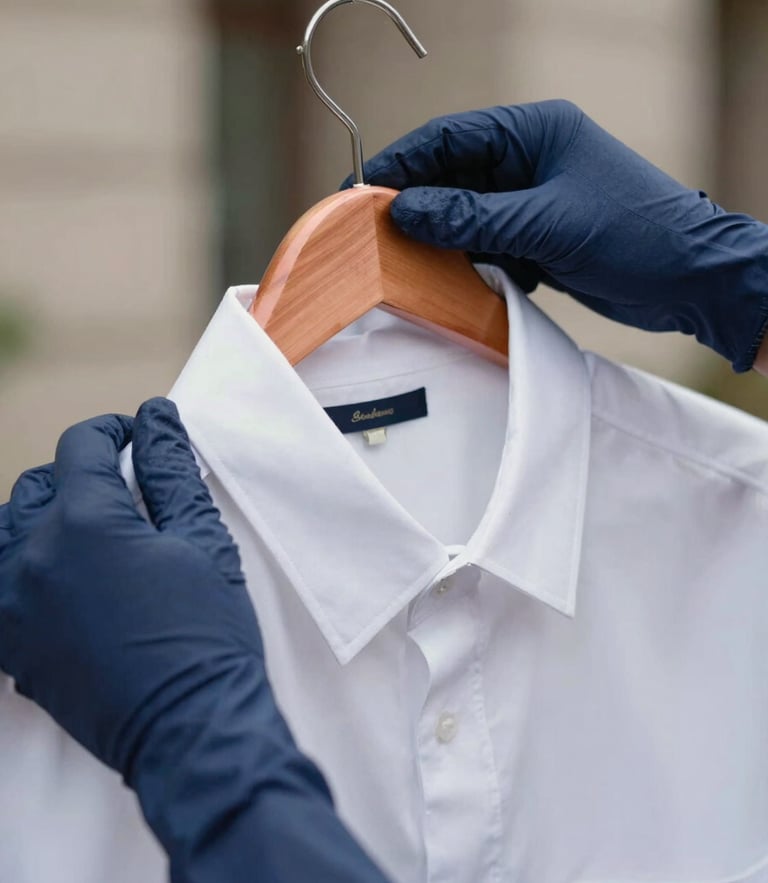 Close-up of hands in navy gloves placing a freshly pressed white shirt onto a copper hanger, soft natural daylight, shallow depth of field, 35mm