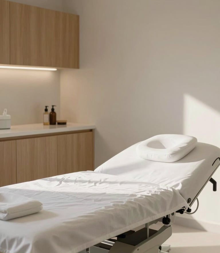 Serene Scandinavian-style clinical treatment room, soft natural daylight, pristine treatment table with clean linen, minimalist oak cabinets, clinical sterility