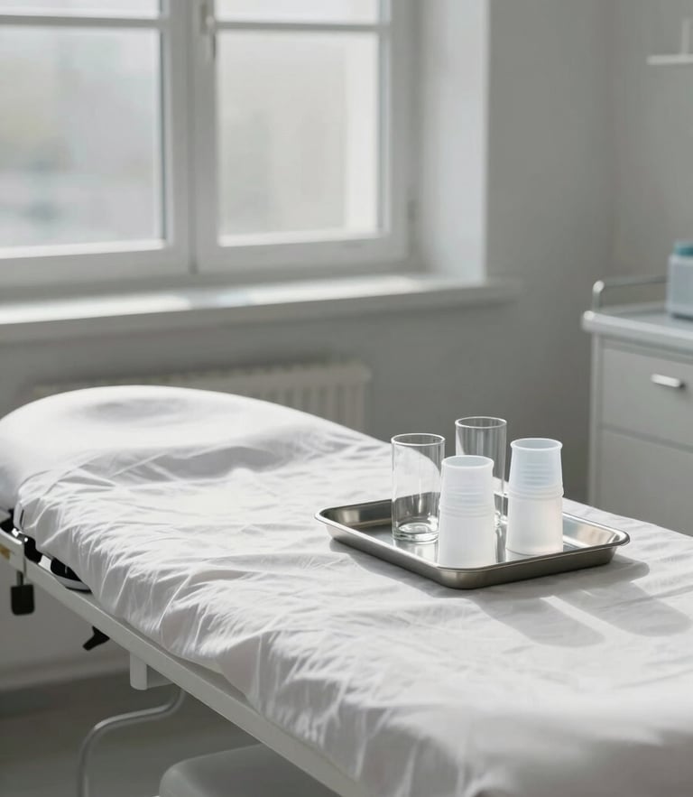A minimalist, Scandinavian-style clinical treatment room with soft, natural north-facing daylight. A pristine treatment table with crisp white linen sits under a large window. Clean glass and silicone cups are neatly arranged on a stainless steel tray.