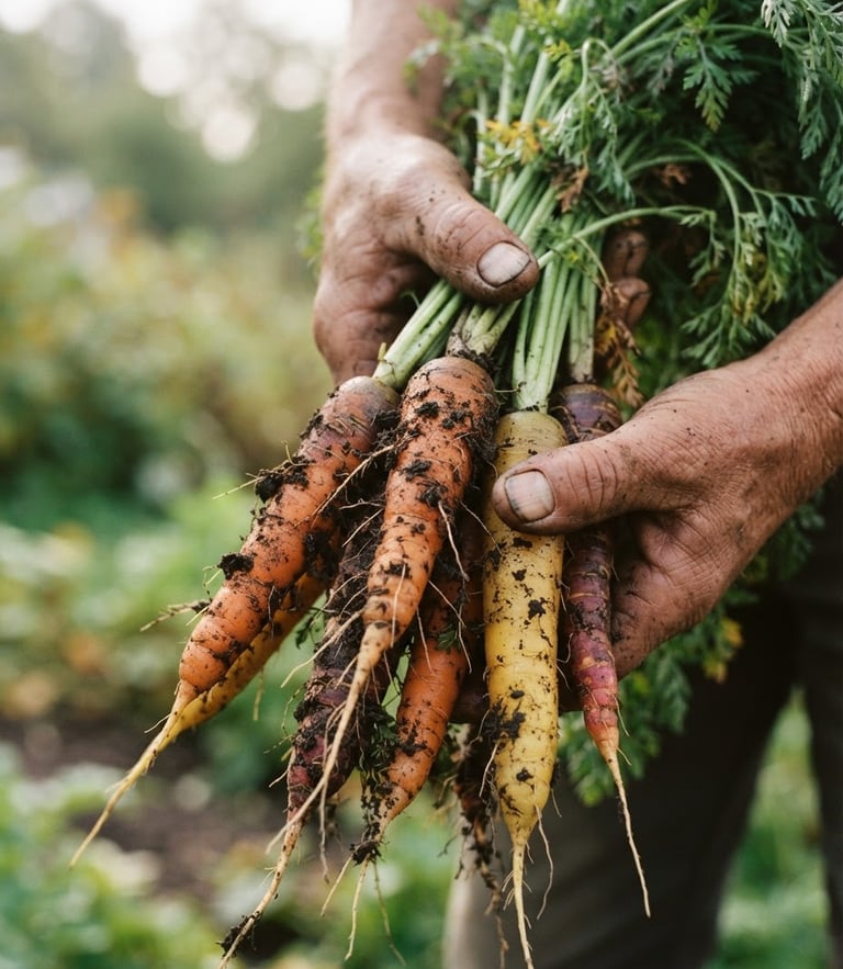 Close-up of weathered hands holding a bundle of freshly harvested heirloom carrots with dark soil clinging to the roots, soft Scandinavian morning light, shallow depth of field, 35mm film.