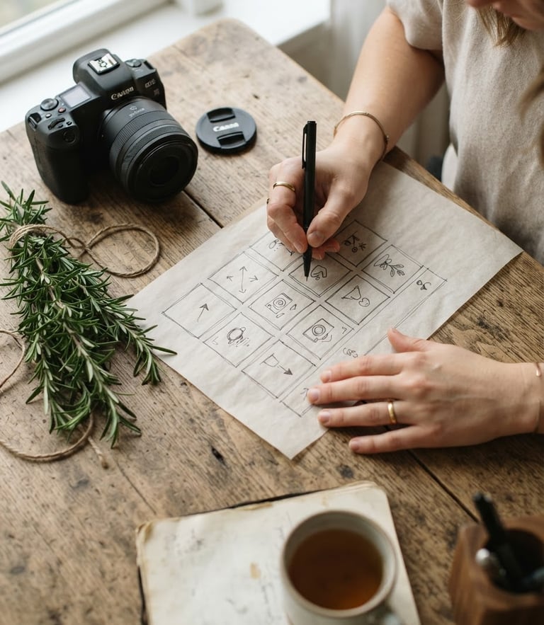 Overhead shot of a rustic wooden planning table in soft Scandinavian daylight, hands sketching a social media grid on parchment paper, fresh rosemary sprigs and a camera lens nearby, shallow depth of field, 35mm film.
