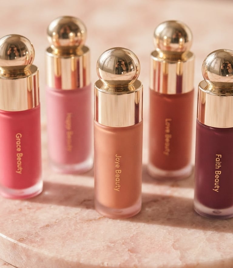 Elegant close-up of Rare Beauty liquid blush bottles on a soft pink stone surface, warm diffused daylight, gold reflections, shallow depth of field, 35mm