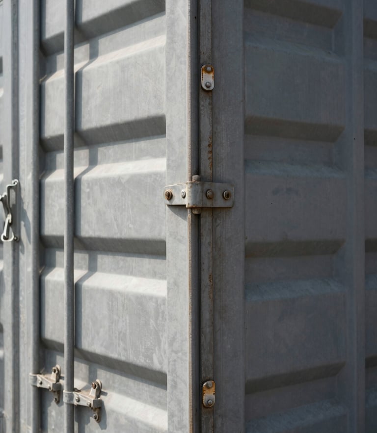 Tight macro shot of shipping container corner castings and heavy-duty door gaskets, harsh direct sunlight, industrial gray steel