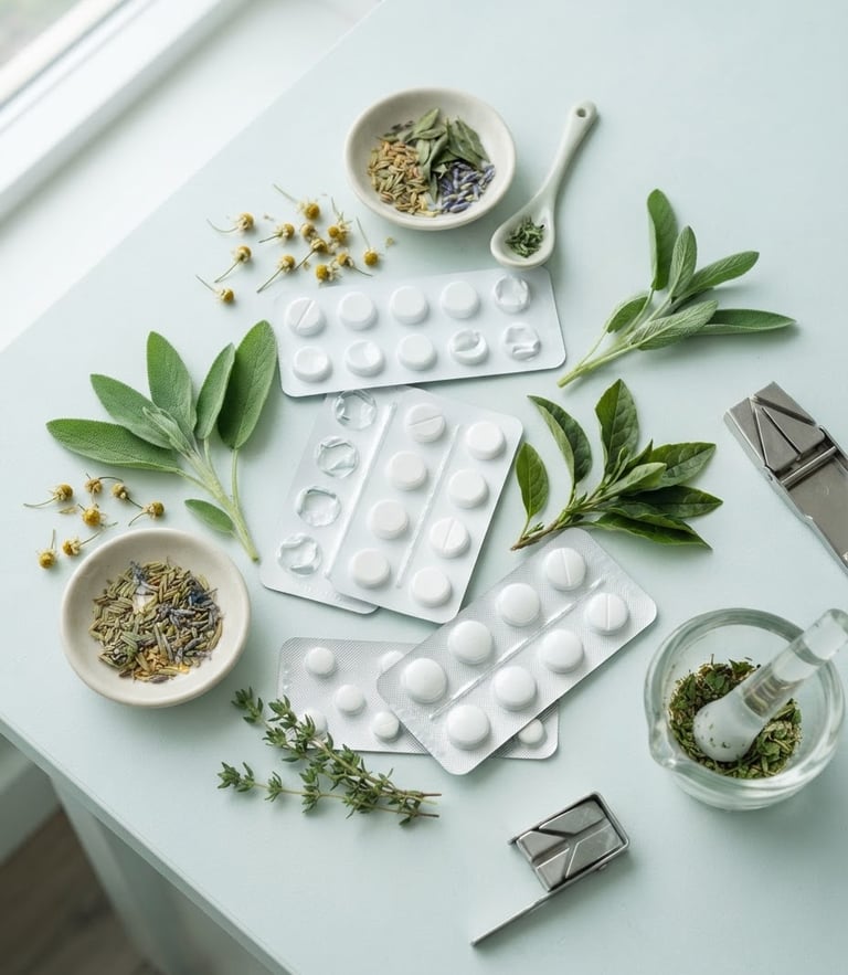 Clean clinical flat-lay of white medical tablet blister packs and natural herbal medicine leaves on a soft sterile surface, bright daylight, clinical teal tone