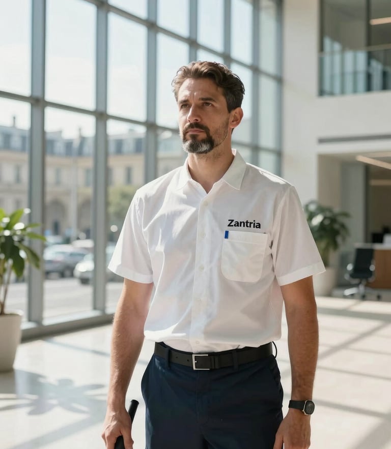 A professional commercial cleaning supervisor with a neat goatee, wearing a clean Zantria uniform, standing in a bright, sunlit Parisian corporate lobby with architectural glass walls, natural daylight.