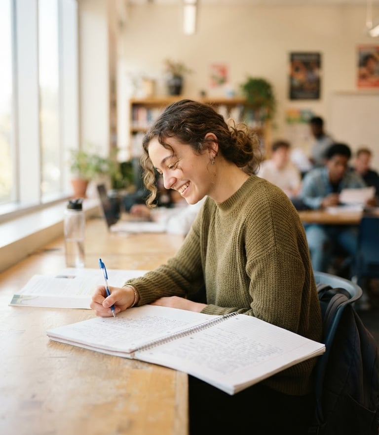 Bright modern classroom photography, soft natural daylight, a student smiling while writing in a notebook, shallow depth of field, 35mm