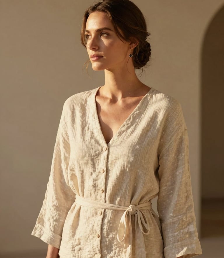 Elegant portrait of a female children's event designer in her 30s, warm golden hour light, soft linen clothing, neutral earthy background, 35mm editorial photography
