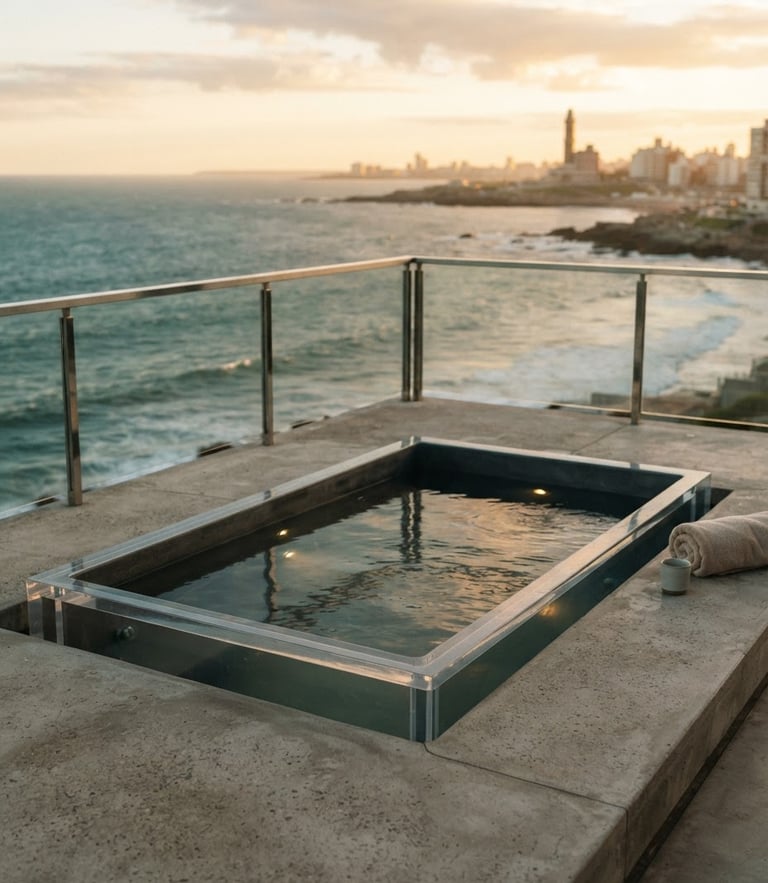 Premium architectural detail of a custom acrylic spa integrated flush into a minimalist concrete deck overlooking the ocean in Mar del Plata, soft golden hour light, shallow depth of field