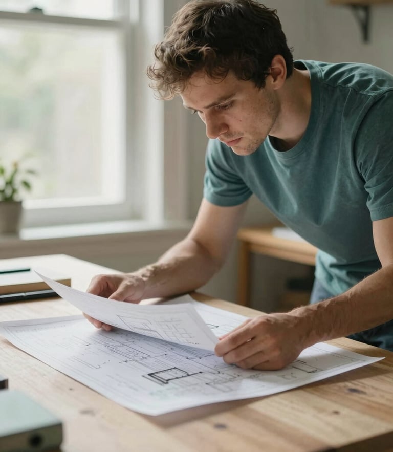 A professional assembler in a warm domestic setting examining a complex furniture blueprint, soft window daylight, muted teal tones, shallow depth of field, 35mm
