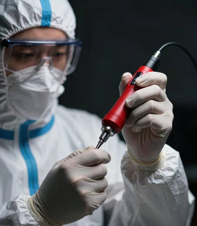 Close-up of a professional technician in a clean white protective suit holding a high-precision electric atomizer, sharp focus, technical dramatic lighting, dark background, 35mm lens