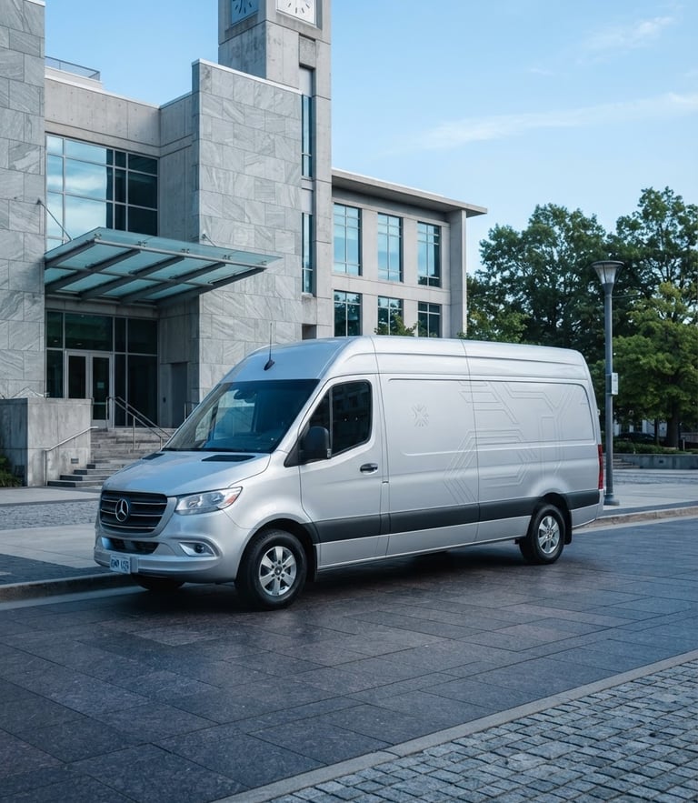 A clean silver transit vehicle with subtle professional branding parked outside a modern stone courthouse, bright daylight, cool blue tones.
