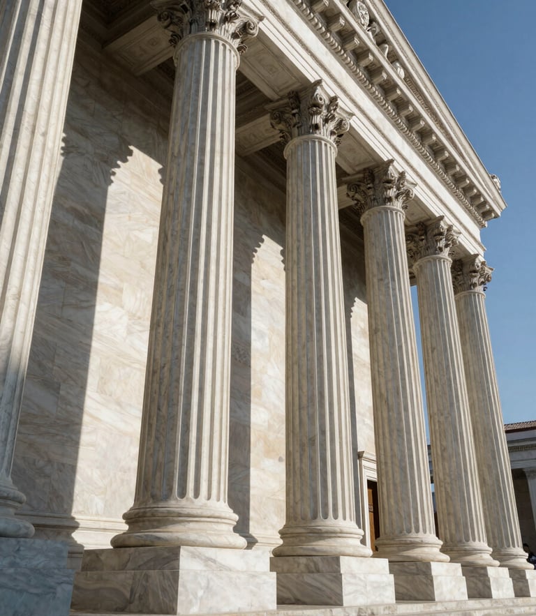 A dramatic low-angle shot of neoclassical marble courthouse columns, sharp side-lighting casting deep shadows, architectural wide angle, crisp alabaster tones.