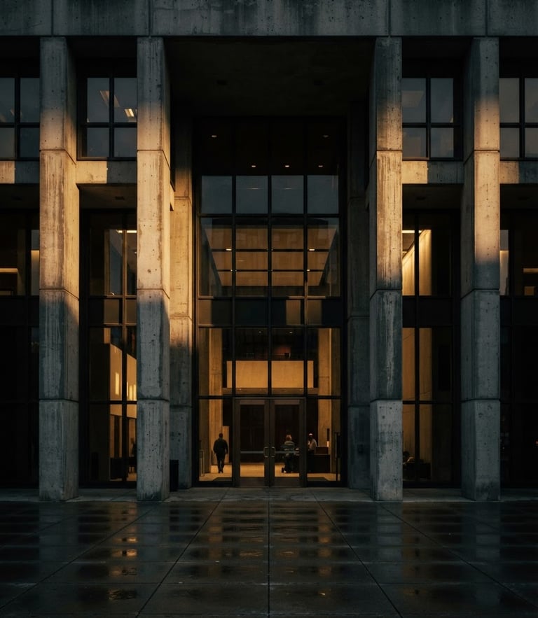 Symmetrical architectural shot of a modern courthouse entrance, concrete pillars, dramatic directional window light casting deep shadows, dark charcoal tones, 35mm